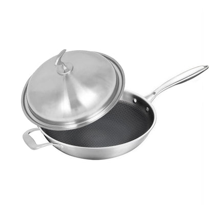 SOGA 18/10 Stainless Steel Fry Pan 34cm Frying Pan Top Grade Textured Non Stick Interior Skillet with Helper Handle and Lid • LUZ-TRIFPS34