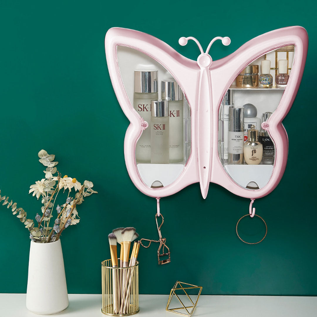 SOGA Pink Butterfly Shape Wall-Mounted Makeup Organiser Dustproof Waterproof Bathroom Storage Box Home Decor • LUZ-BathG317