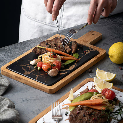 SOGA 2X 33.5cm Black Square Wooden Serving Tray Slate Steak Serving Platter Chopping Board Paddle Home Decor • LUZ-WodE594X2