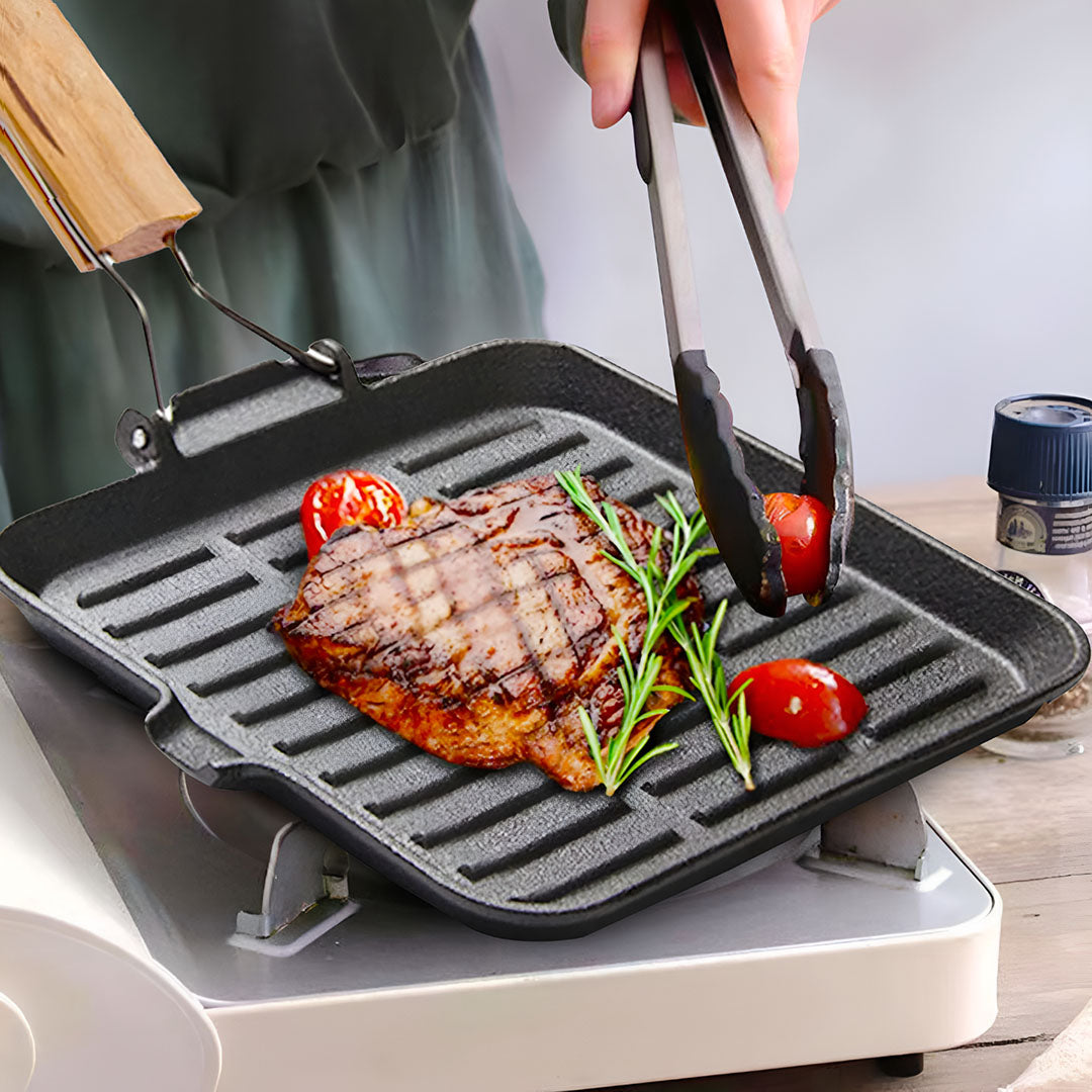 SOGA 24cm Ribbed Cast Iron Square Steak Frying Grill Skillet Pan with Folding Wooden Handle • LUZ-ZPai010