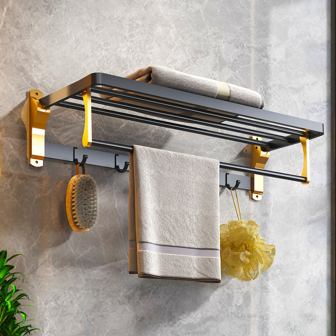 SOGA 2X 63cm Wall-Mounted Double Pole Towel Holder Bathroom Organiser Rail Hanger with Hooks LUZ-TAN1011X2