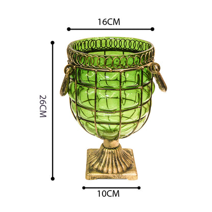 SOGA Green Colored European Glass Jar Flower Vase Solid Base with Metal Handle • LUZ-HO-VaseYG8045G