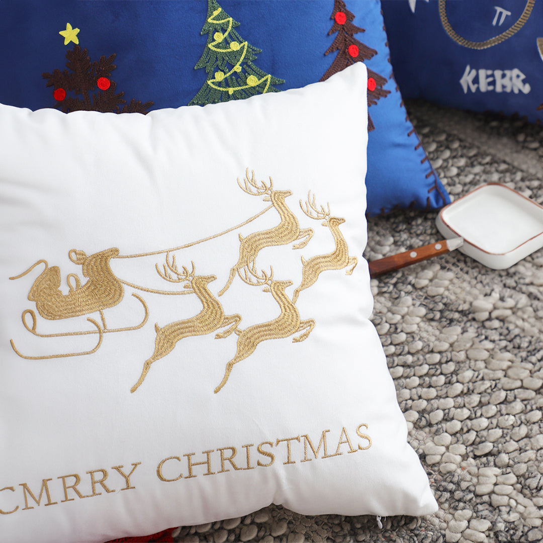 SOGA 2X 45cm Throw Pillow White with Golden Christmas Sleigh Design Festive Holiday Square Cushion Decor LUZ-FrenchCushion269X2