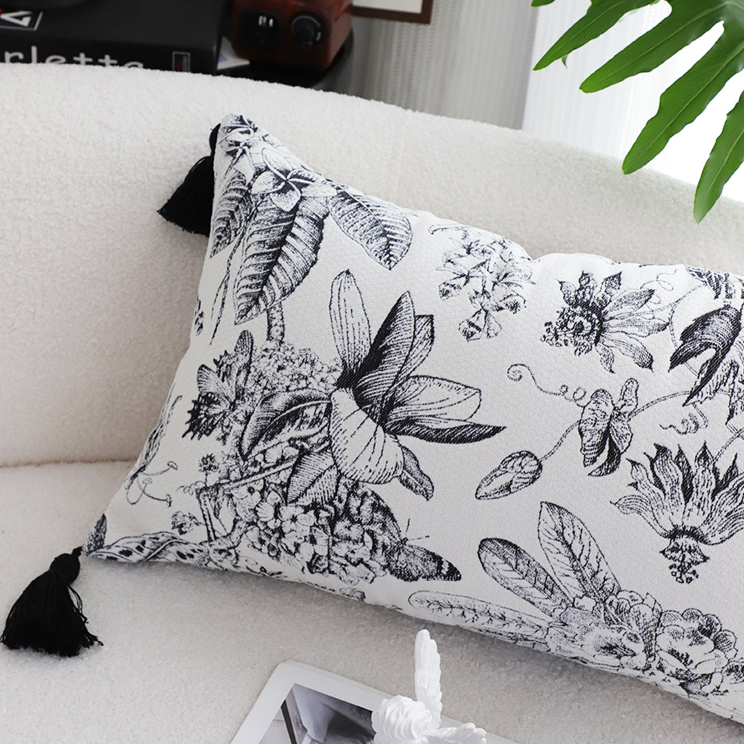 SOGA 2X 35cm Throw Pillow  Black and White Floral Print Elegant with Tassel Accents Home Decor • LUZ-FrenchCushion342X2
