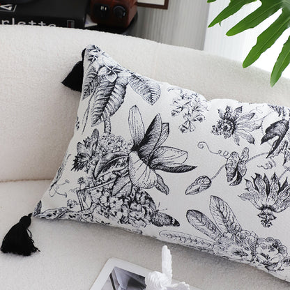 SOGA 2X 35cm Throw Pillow  Black and White Floral Print Elegant with Tassel Accents Home Decor • LUZ-FrenchCushion342X2