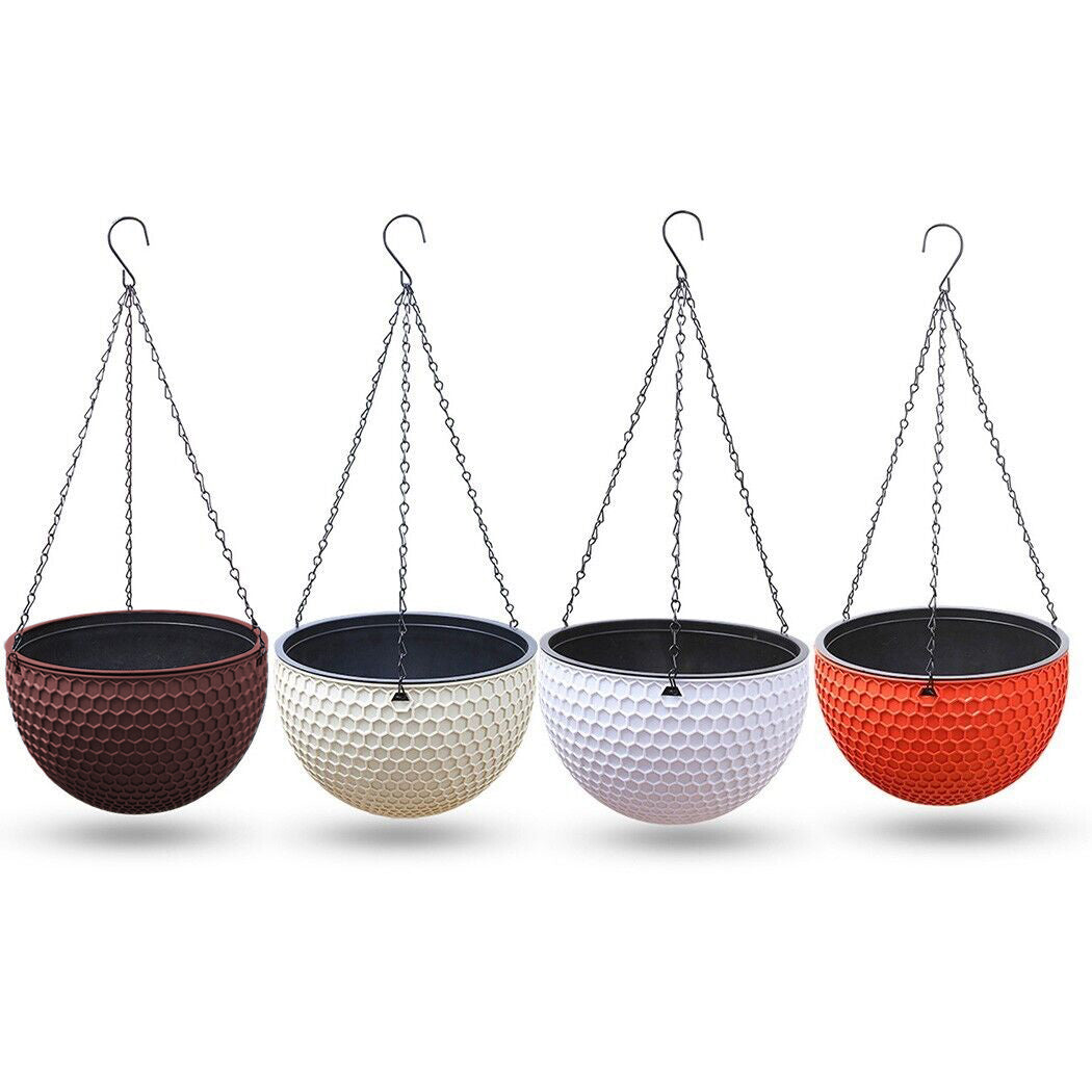 SOGA 2X Coffee Medium Hanging Resin Flower Pot Self Watering Basket Planter Outdoor Garden Decor • LUZ-HangPot12CofX2