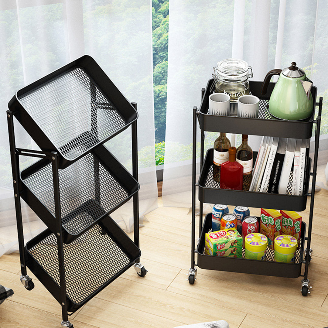 SOGA 3 Tier Steel Black Foldable Kitchen Cart Multi-Functional Shelves Portable Storage Organizer with Wheels • LUZ-KitchenXY011