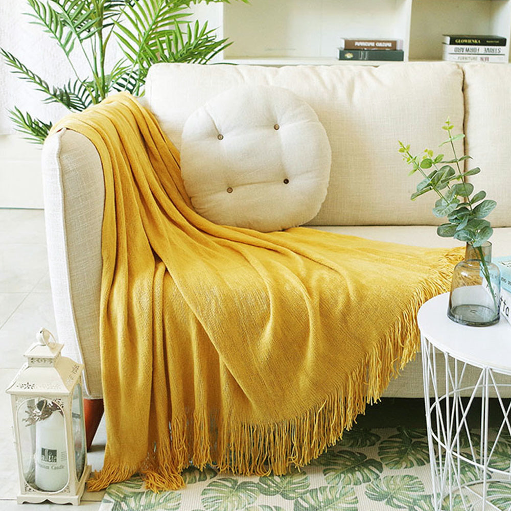 SOGA Yellow Acrylic Knitted Throw Blanket Solid Fringed Warm Cozy Woven Cover Couch Bed Sofa Home Decor • LUZ-Blanket916