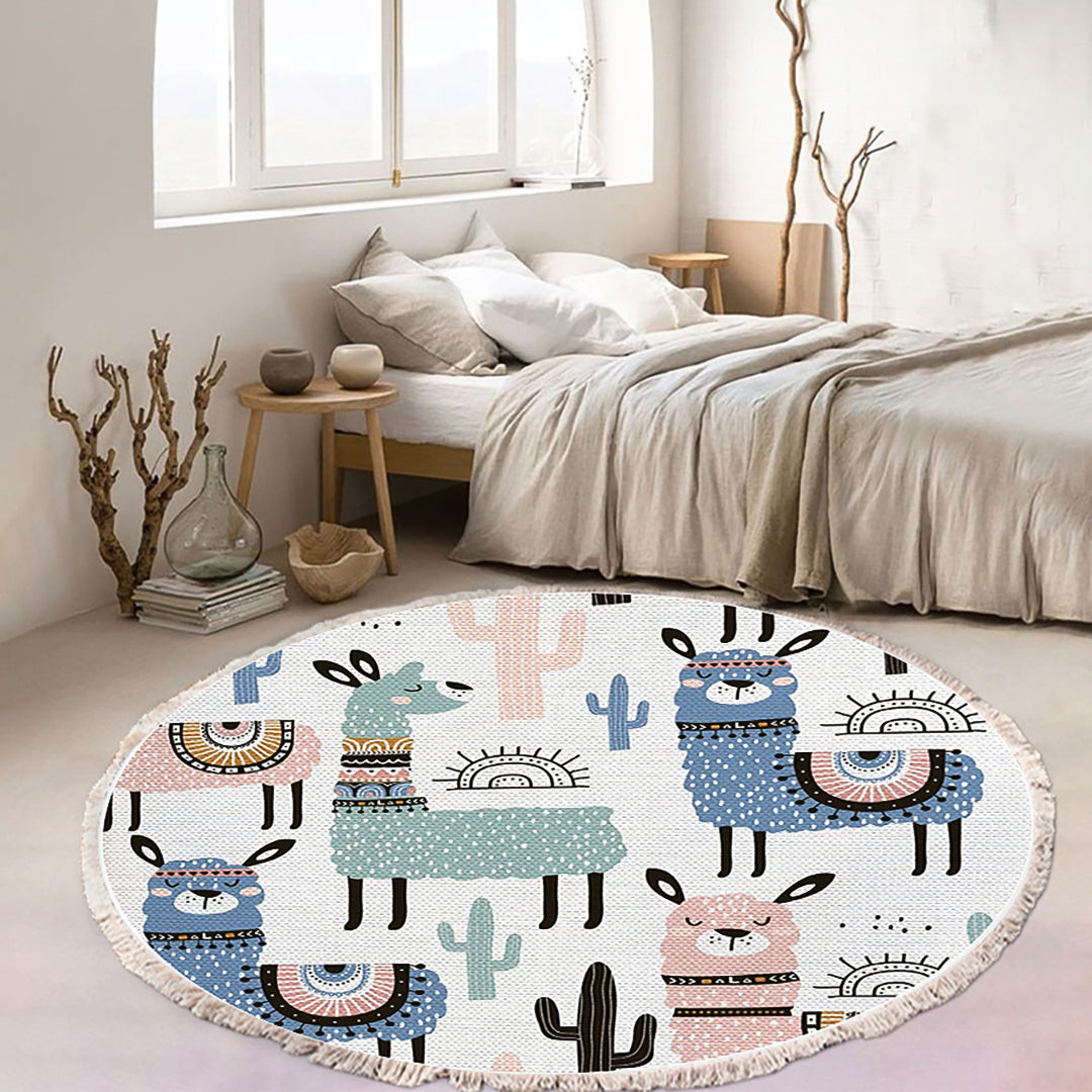 SOGA 120cm Alpaca Cactus Pattern Rug Desert Animals Non-Slip Round Area Rugs for Living Room Dining Room • LUZ-CarpetA61