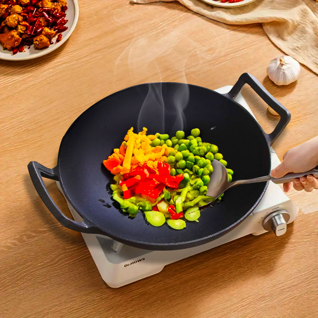 SOGA 2X 32cm Commercial Cast Iron Wok FryPan Fry Pan with Double Handle • LUZ-ZPai013AX2