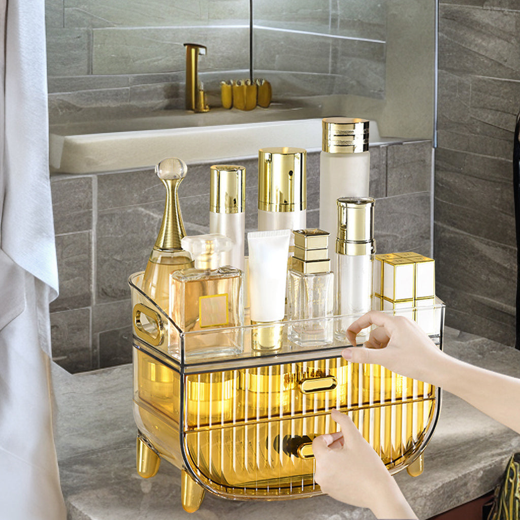 SOGA 3 Tier Golden Yellow Multifunctional Countertop Cosmetic Storage Makeup Skincare Holder Jewelry Cabinet Bathroom Desk Drawer Vanity Organiser LUZ-BathC124