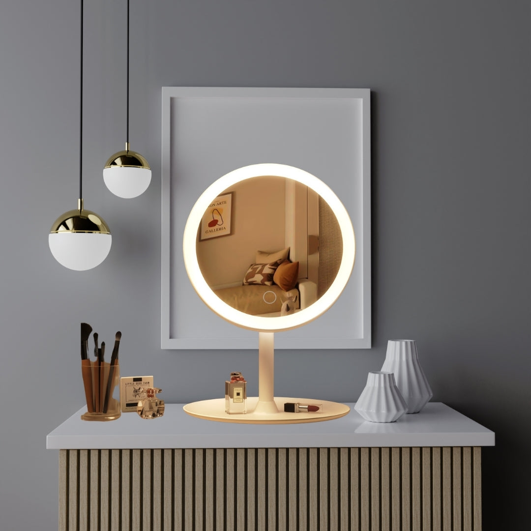 SOGA 26cm White Round Smart LED Makeup Bedroom Table Vanity Mirror Tricolor Adjustable Light LUZ-MirrorE6