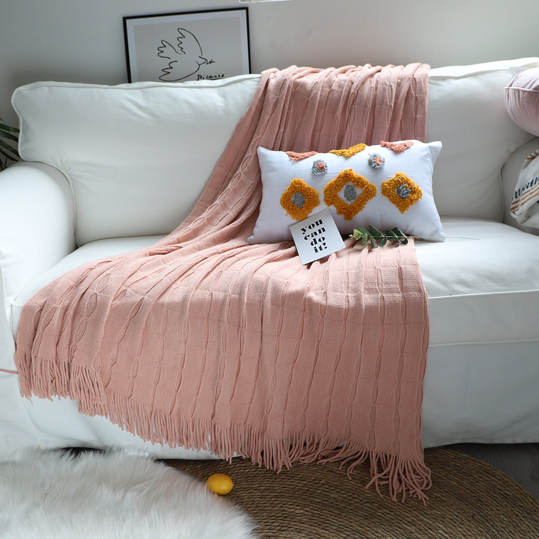 SOGA Pink Textured Knitted Throw Blanket Warm Cozy Woven Cover Couch Bed Sofa Home Decor with Tassels • LUZ-Blanket927