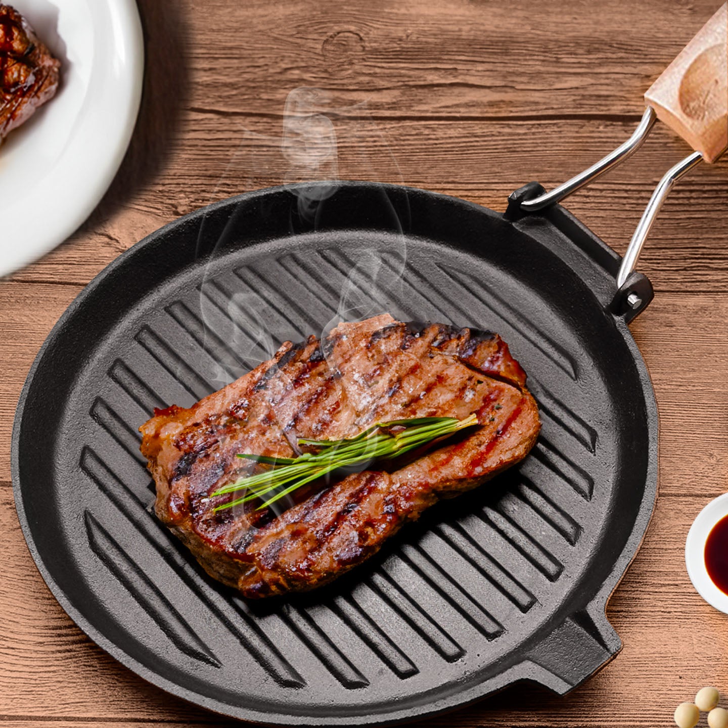 SOGA 24cm Round Ribbed Cast Iron Steak Frying Grill Skillet Pan with Folding Wooden Handle • LUZ-ZPai026