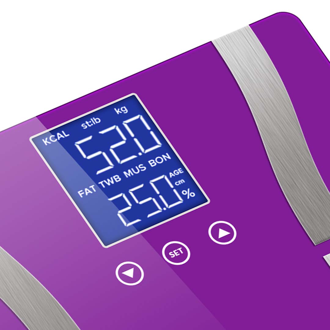 SOGA Glass LCD Digital Body Fat Scale Bathroom Electronic Gym Water Weighing Scales Purple • LUZ-BodyFatScalePurple