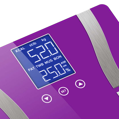 SOGA Glass LCD Digital Body Fat Scale Bathroom Electronic Gym Water Weighing Scales Purple • LUZ-BodyFatScalePurple