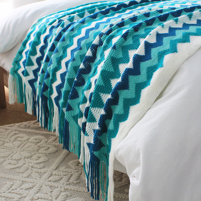 SOGA 170cm Blue Zigzag Striped Throw Blanket Acrylic Wave Knitted Fringed Woven Cover Couch Bed Sofa Home Decor • LUZ-Blanket919