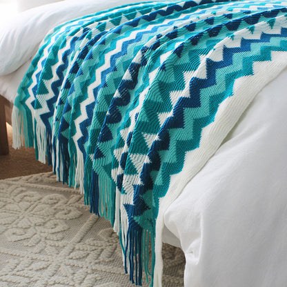 SOGA 170cm Blue Zigzag Striped Throw Blanket Acrylic Wave Knitted Fringed Woven Cover Couch Bed Sofa Home Decor • LUZ-Blanket919