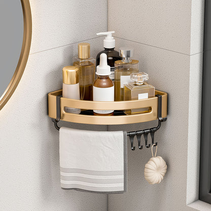 SOGA Gold Wall-Mounted Triangular Bathroom Storage Corner Vanity Organiser Space Saving Adhesive Shelf Rack with Hooks LUZ-TAN1013