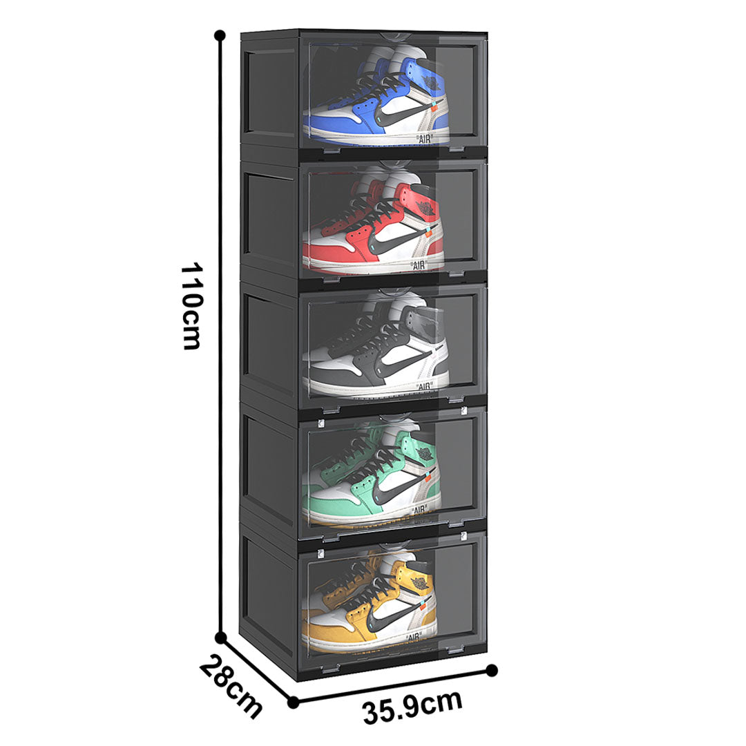 SOGA 5 Tier Black Portable Shoe Organiser Sneaker Footwear Folding Plastic Bin Stackable Storage Box with Magnetic Door • LUZ-ShoeA8005BLK