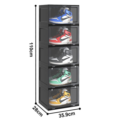 SOGA 5 Tier Black Portable Shoe Organiser Sneaker Footwear Folding Plastic Bin Stackable Storage Box with Magnetic Door • LUZ-ShoeA8005BLK