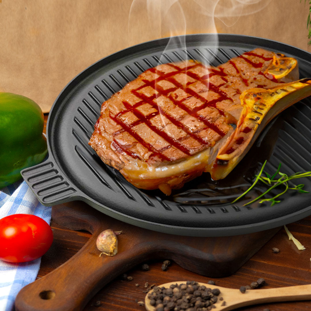 SOGA 43cm Round Ribbed Cast Iron Frying Pan Skillet Steak Sizzle Platter with Handle • LUZ-ZPai002