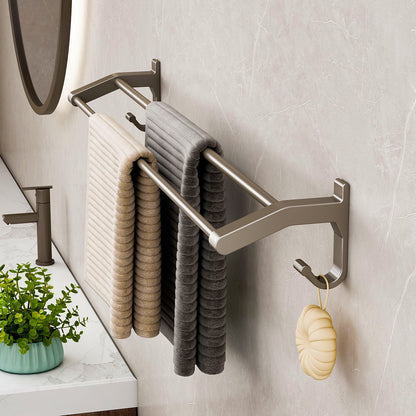 SOGA 62cm Gray Wall-Mounted Double Pole Towel Holder Bathroom Organiser Rail Hanger with Hooks • LUZ-TAN1018