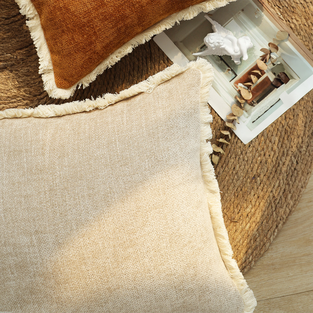 SOGA 2X 45cm Throw Pillow Latte Color Chenille Textured with Tassels Stylish Square Cozy Home Decor • LUZ-FrenchCushion278X2