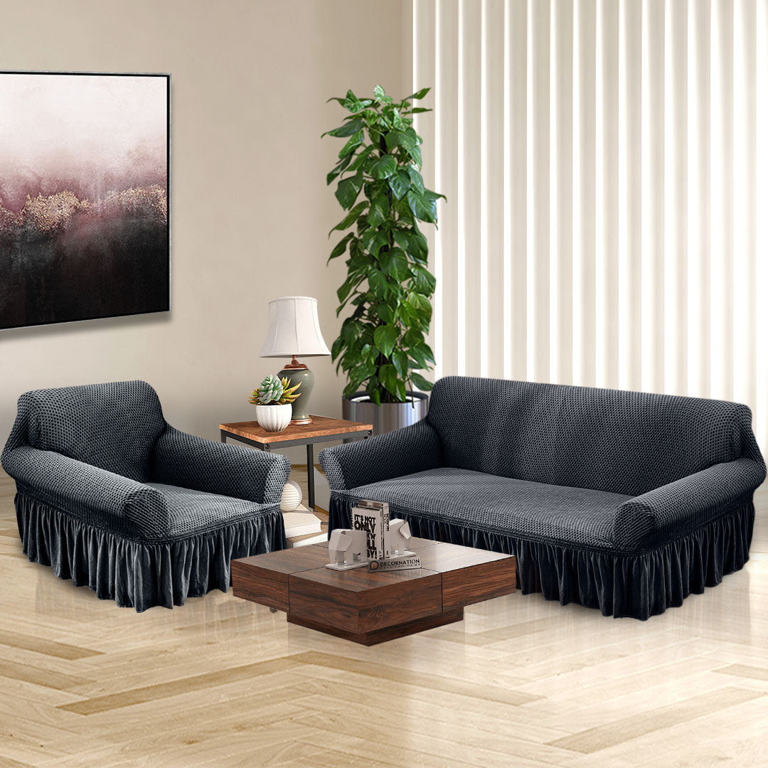 SOGA 1-Seater Dark Grey Sofa Cover with Ruffled Skirt Couch Protector High Stretch Lounge Slipcover Home Decor • LUZ-SofaCov10