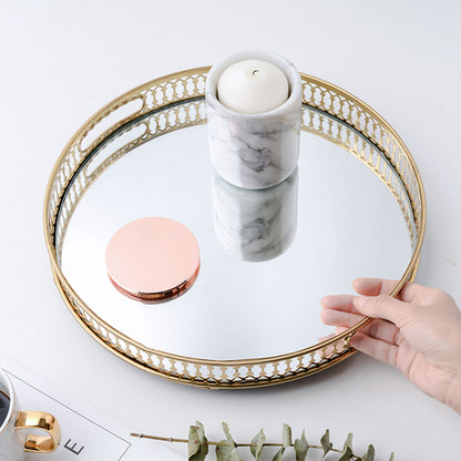 SOGA 32cm Gold Round Ornate Mirror Glass Metal Tray Vanity Makeup Perfume Jewelry Organiser with Handles • LUZ-PlateHJ1184