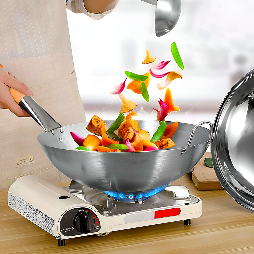 SOGA 40cm Stainless Steel Kitchen Cooking Wok with Wood Handle • LUZ-WokHandle40
