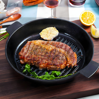 SOGA 26cm Round Ribbed Cast Iron Frying Pan Skillet Steak Sizzle Platter with Handle • LUZ-ZPai001B