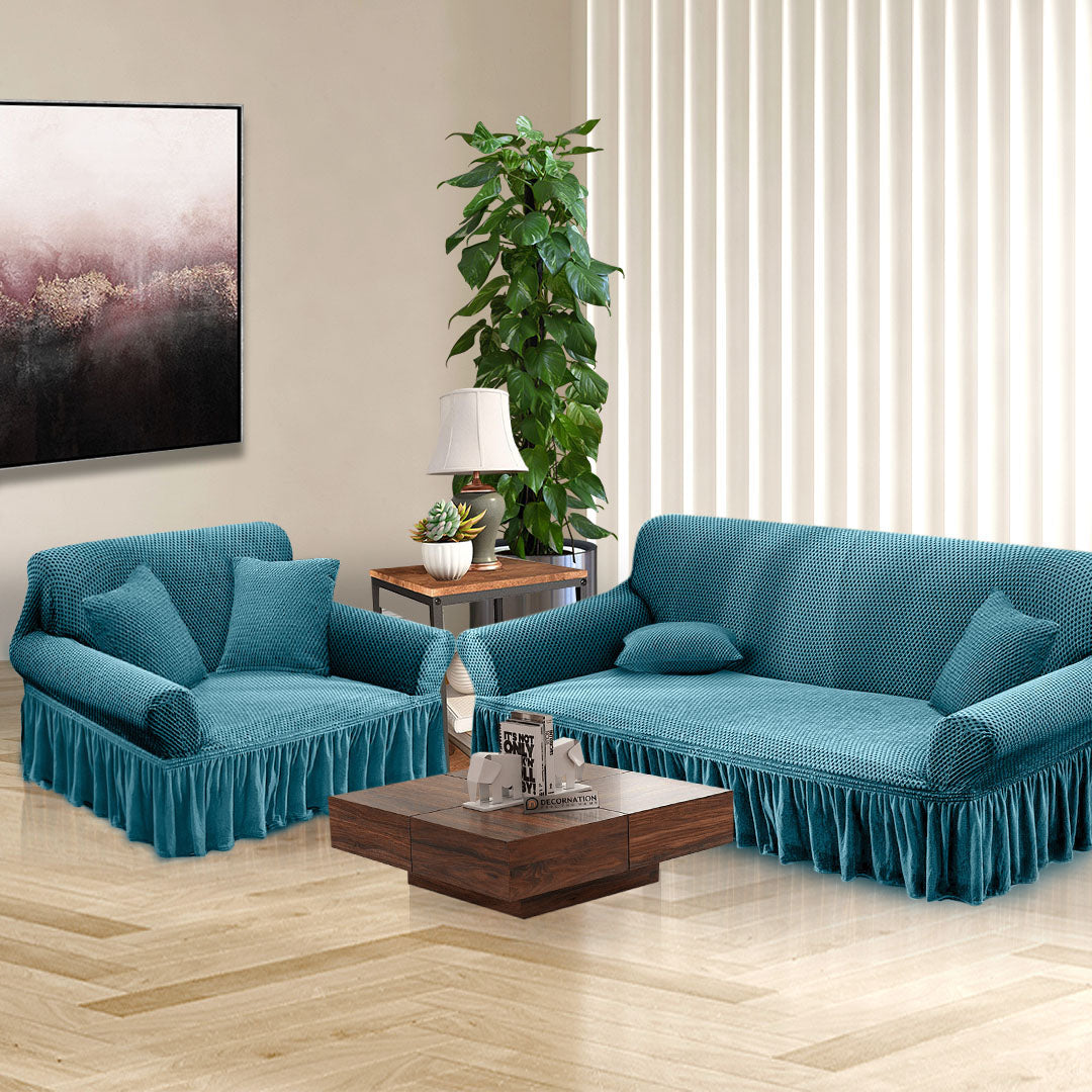 SOGA 2-Seater Blue Sofa Cover with Ruffled Skirt Couch Protector High Stretch Lounge Slipcover Home Decor • LUZ-SofaCov15