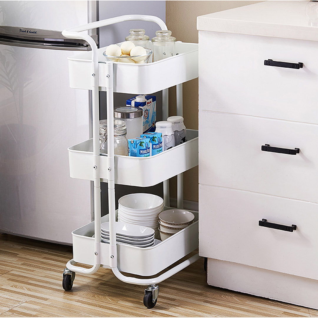 SOGA 3 Tier Steel White Movable Kitchen Cart Multi-Functional Shelves Portable Storage Organizer with Wheels • LUZ-KitchenXY005
