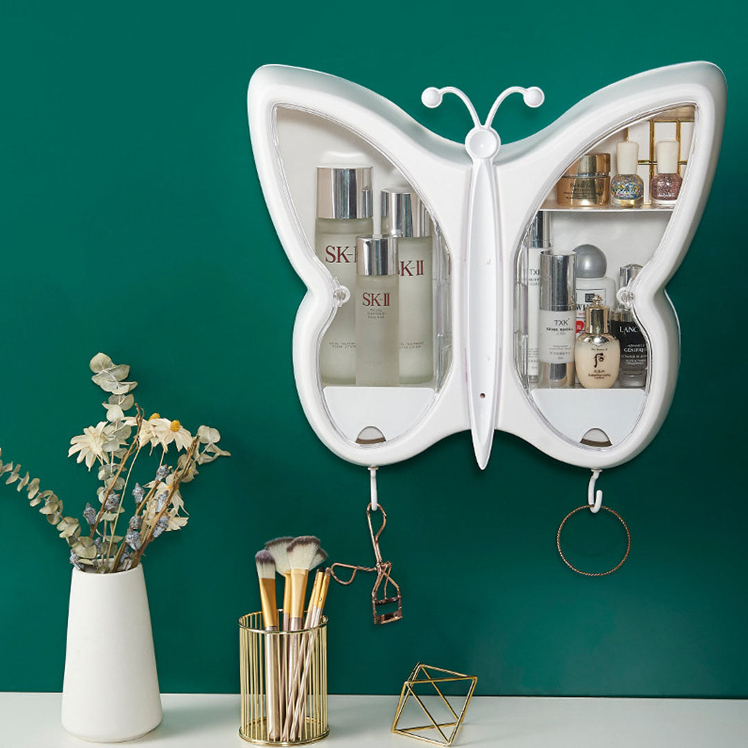 SOGA 2X White Butterfly Shape Wall-Mounted Makeup Organiser Dustproof Waterproof Bathroom Storage Box Home Decor • LUZ-BathG310X2