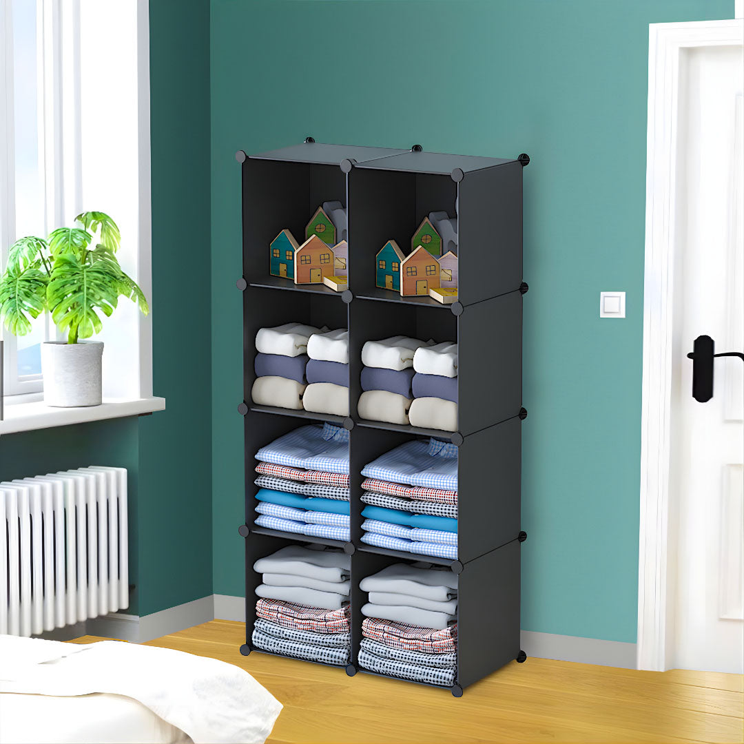 SOGA 4 Tier 8-Cube Black Portable Wardrobe Divide-Grid Modular Storage Organiser Foldable Closet • LUZ-Wrobe1766