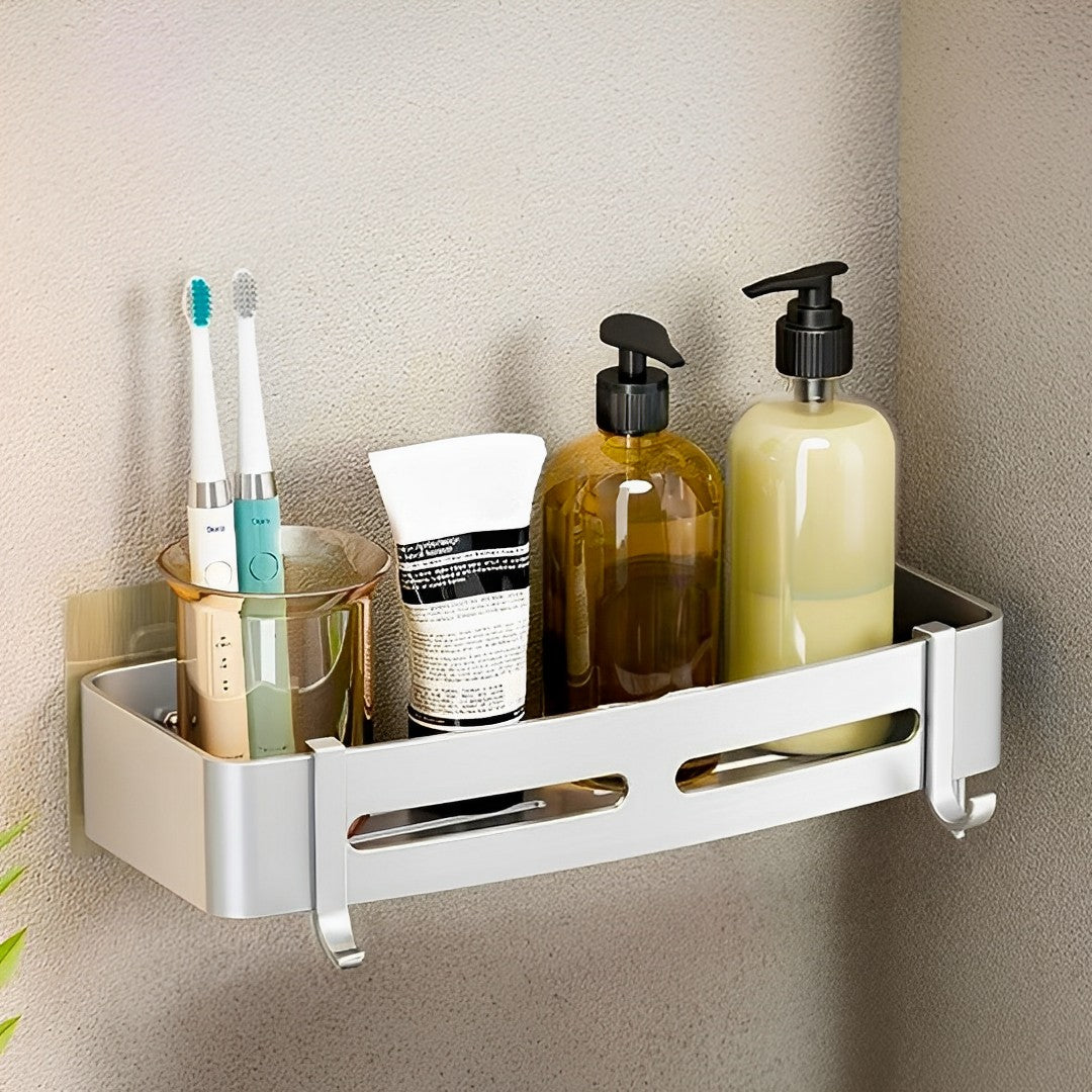 SOGA Silver Wall-Mounted Rectangular Bathroom Storage Organiser Space Saving Adhesive Shelf Rack with Hooks LUZ-TAN1007