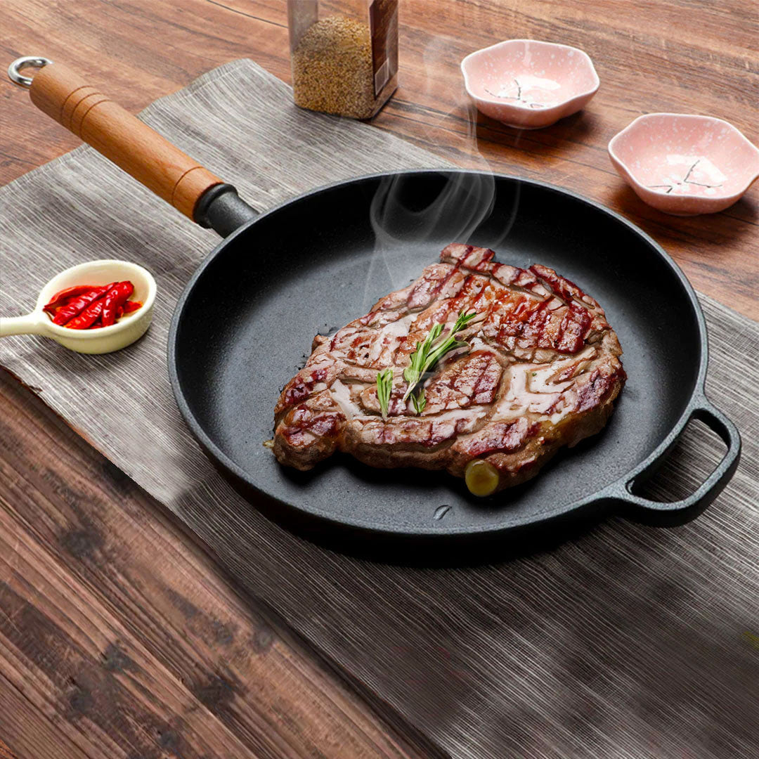 SOGA 2X 25cm Round Cast Iron Frying Pan Skillet Steak Sizzle Platter with Helper Handle • LUZ-ZPai018AX2