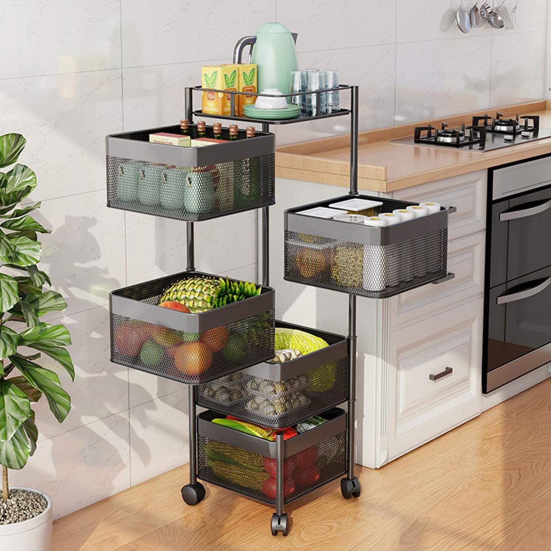 SOGA 2X 5 Tier Steel Square Rotating Kitchen Cart Multi-Functional Shelves Portable Storage Organizer with Wheels • LUZ-KitchenXY021X2