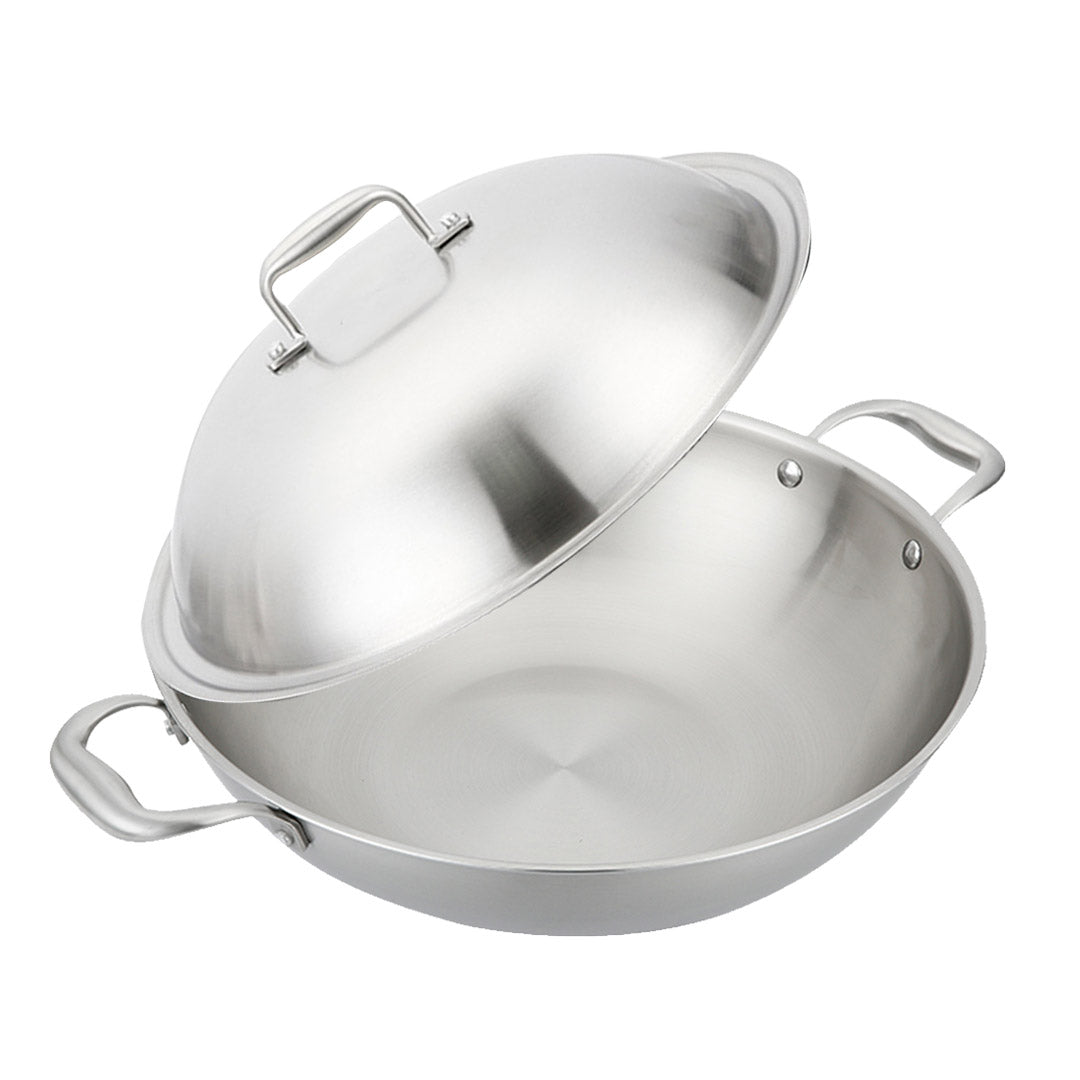 SOGA 2X 3-Ply 38cm Stainless Steel Double Handle Wok Frying Fry Pan Skillet with Lid • LUZ-WokTRIFPG38X2