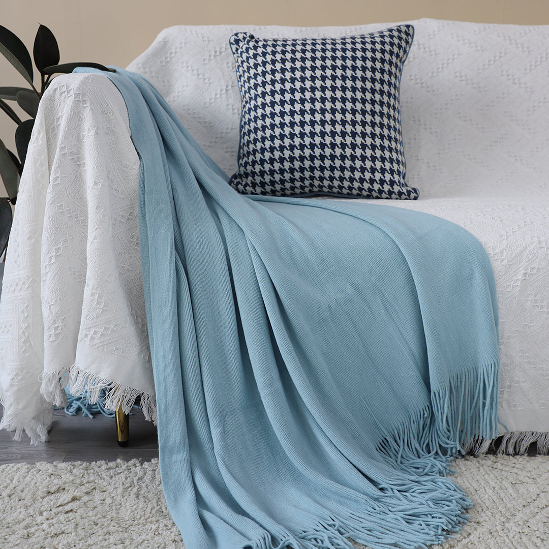 SOGA 2X Sky Blue Acrylic Knitted Throw Blanket Solid Fringed Warm Cozy Woven Cover Couch Bed Sofa Home Decor • LUZ-Blanket914X2