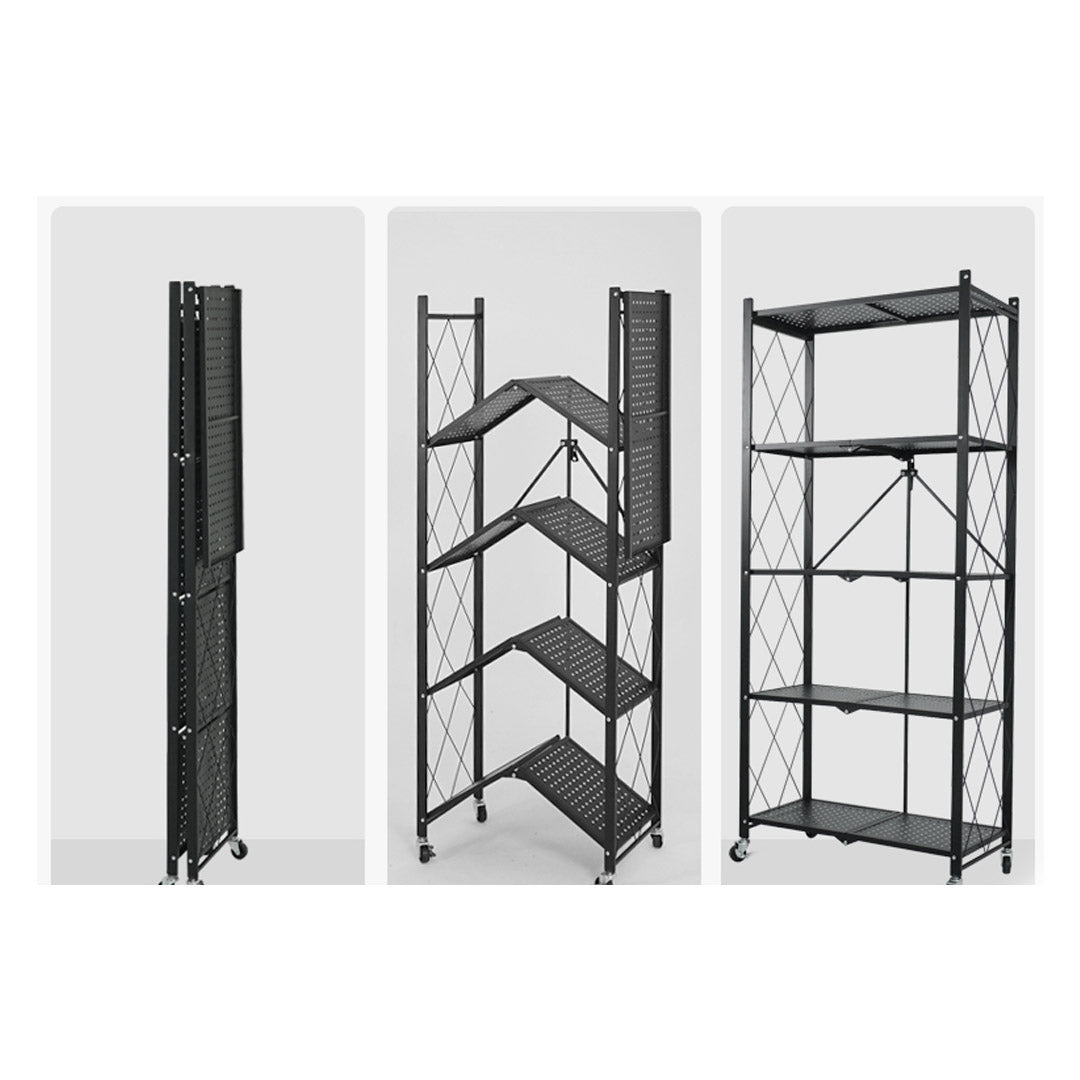 SOGA 2X 5 Tier Steel Black Foldable Kitchen Cart Multi-Functional Shelves Portable Storage Organizer with Wheels • LUZ-KitchenXY003X2