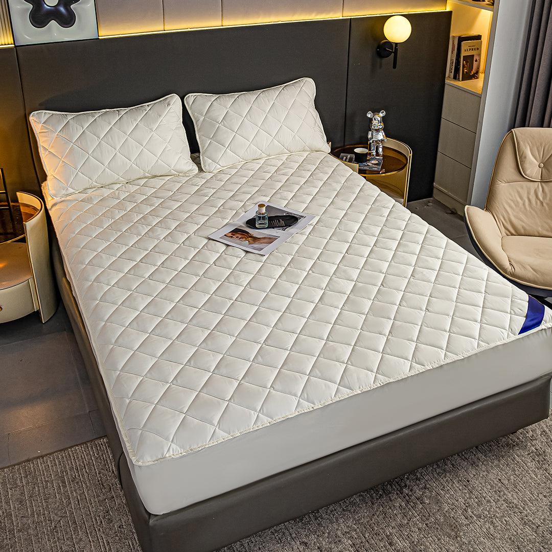 SOGA White 138cm Wide Cross-Hatch Mattress Cover Thick Quilted Stretchable Bed Spread Sheet Protector with Pillow Covers • LUZ-BCover4011