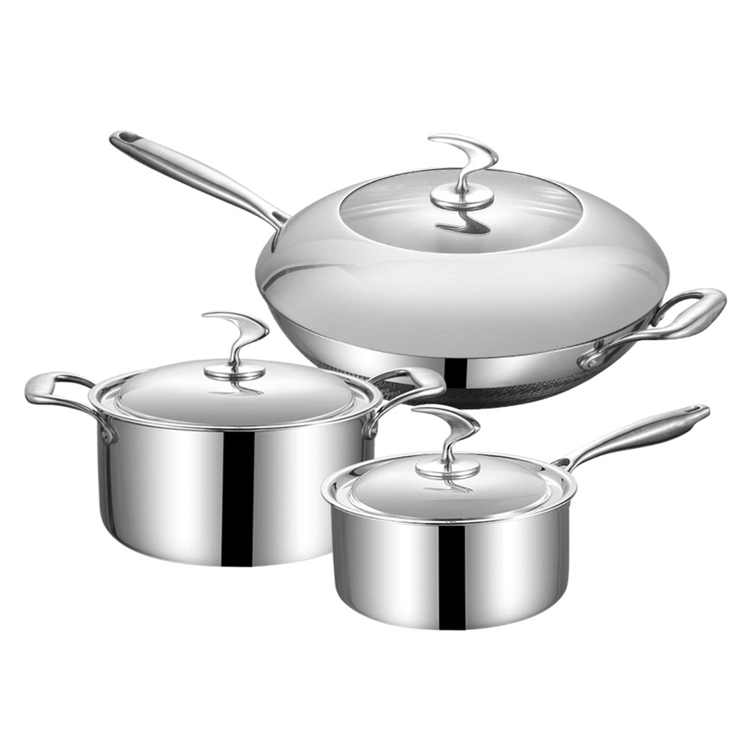 SOGA 6 Piece Cookware Set 18/10 Stainless Steel 3-Ply Frying Pan, Milk, and Soup Pot with Lid • LUZ-SSPanPotSet