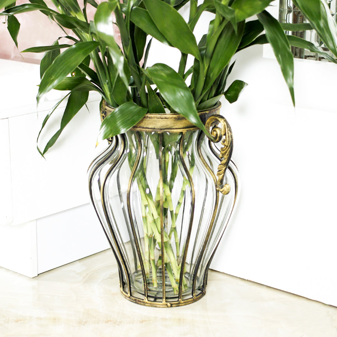 SOGA Clear European Glass Home Decor Flower Vase with Two Metal Handle • LUZ-HO-VaseYG8054Clear