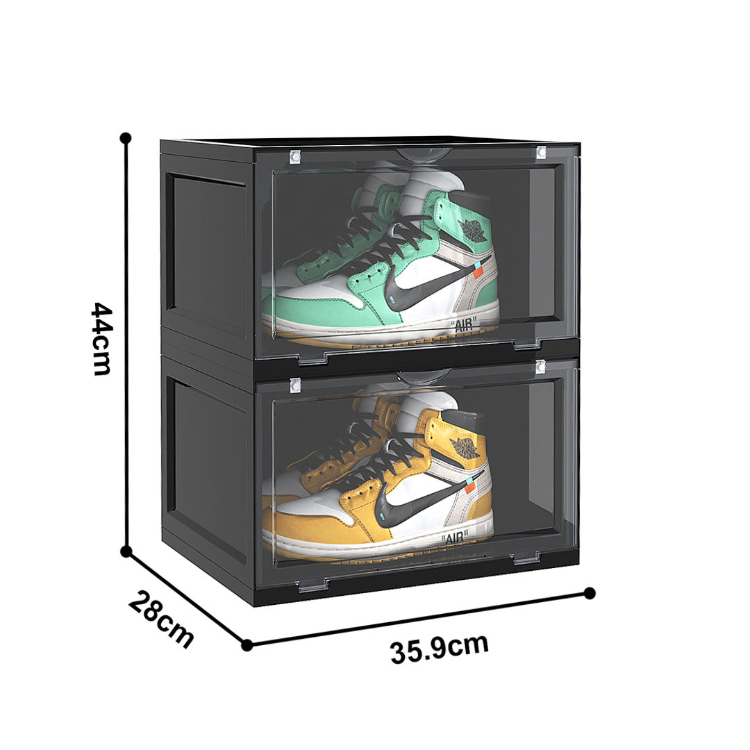 SOGA 2 Tier Black Portable Shoe Organiser Sneaker Footwear Folding Plastic Bin Stackable Storage Box with Magnetic Door • LUZ-ShoeA8002BLK