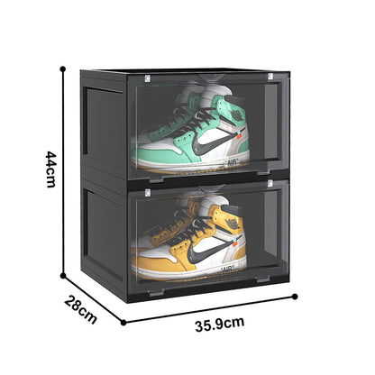 SOGA 2 Tier Black Portable Shoe Organiser Sneaker Footwear Folding Plastic Bin Stackable Storage Box with Magnetic Door • LUZ-ShoeA8002BLK