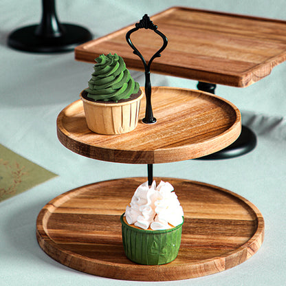 SOGA 2X 15cm 2 Tier  Brown Round Wooden Acacia Dessert Tray Cake Snacks Cupcake Stand Buffet Serving Countertop Decor • LUZ-WodC237X2