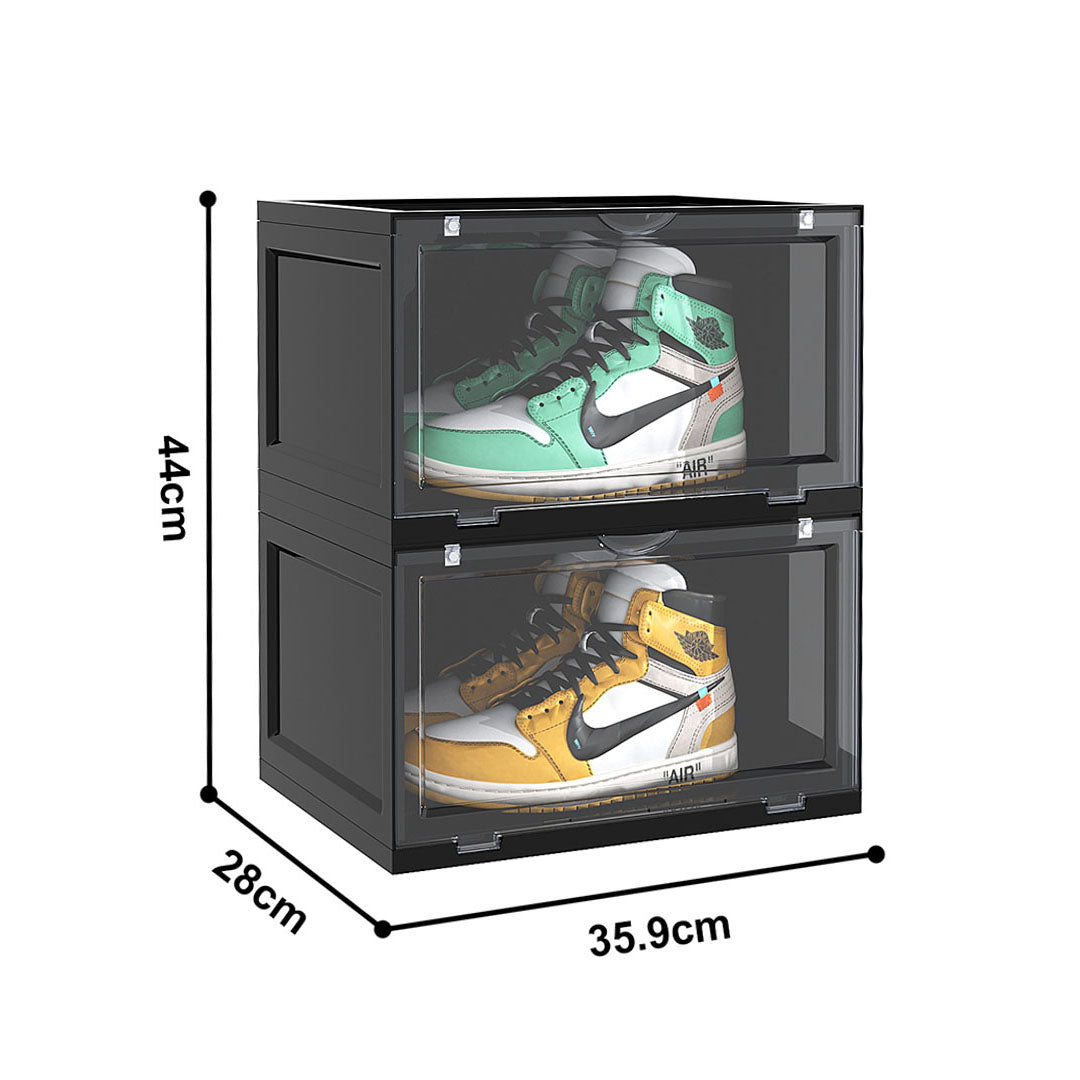 SOGA 2X 2 Tier Black Portable Shoe Organiser Sneaker Footwear Folding Plastic Bin Stackable Storage Box with Magnetic Door • LUZ-ShoeA8002BLKX2