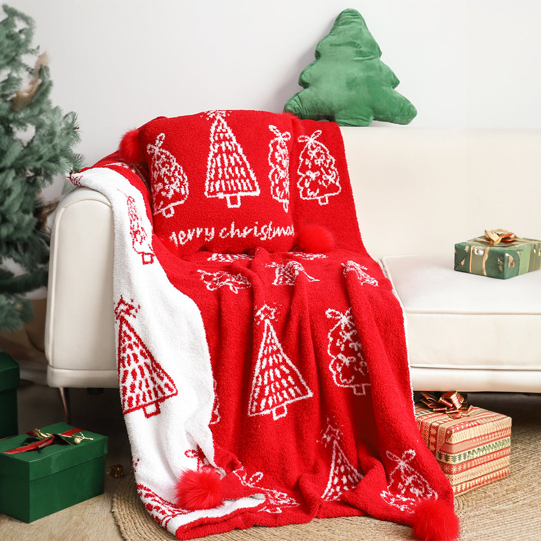 SOGA 130x180cm Throw Blanket Red Christmas Tree Half Fleece for Holiday Season Cozy • LUZ-Blanket935